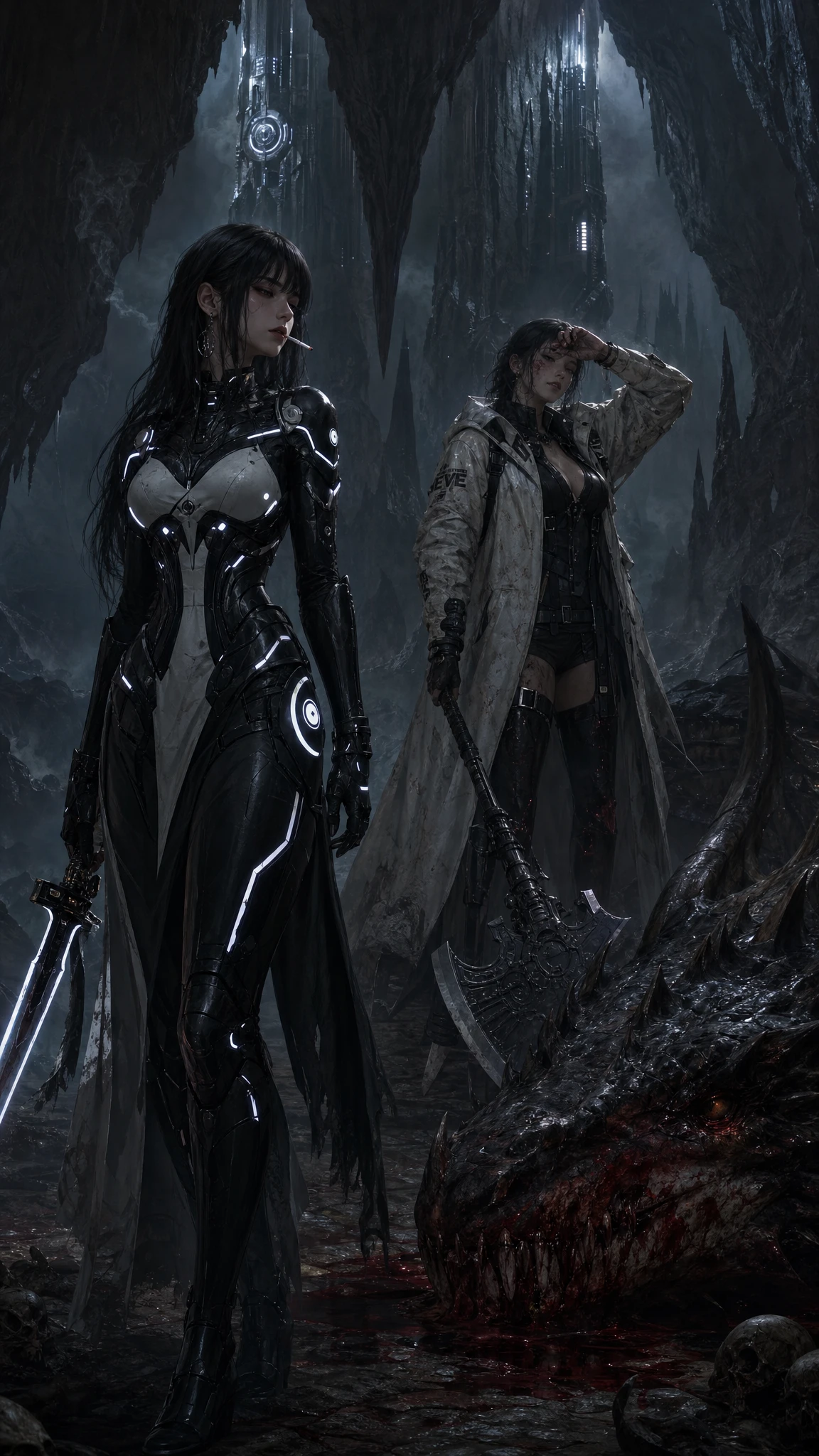 Sorrowful cyber armored woman smoking in a dark cave