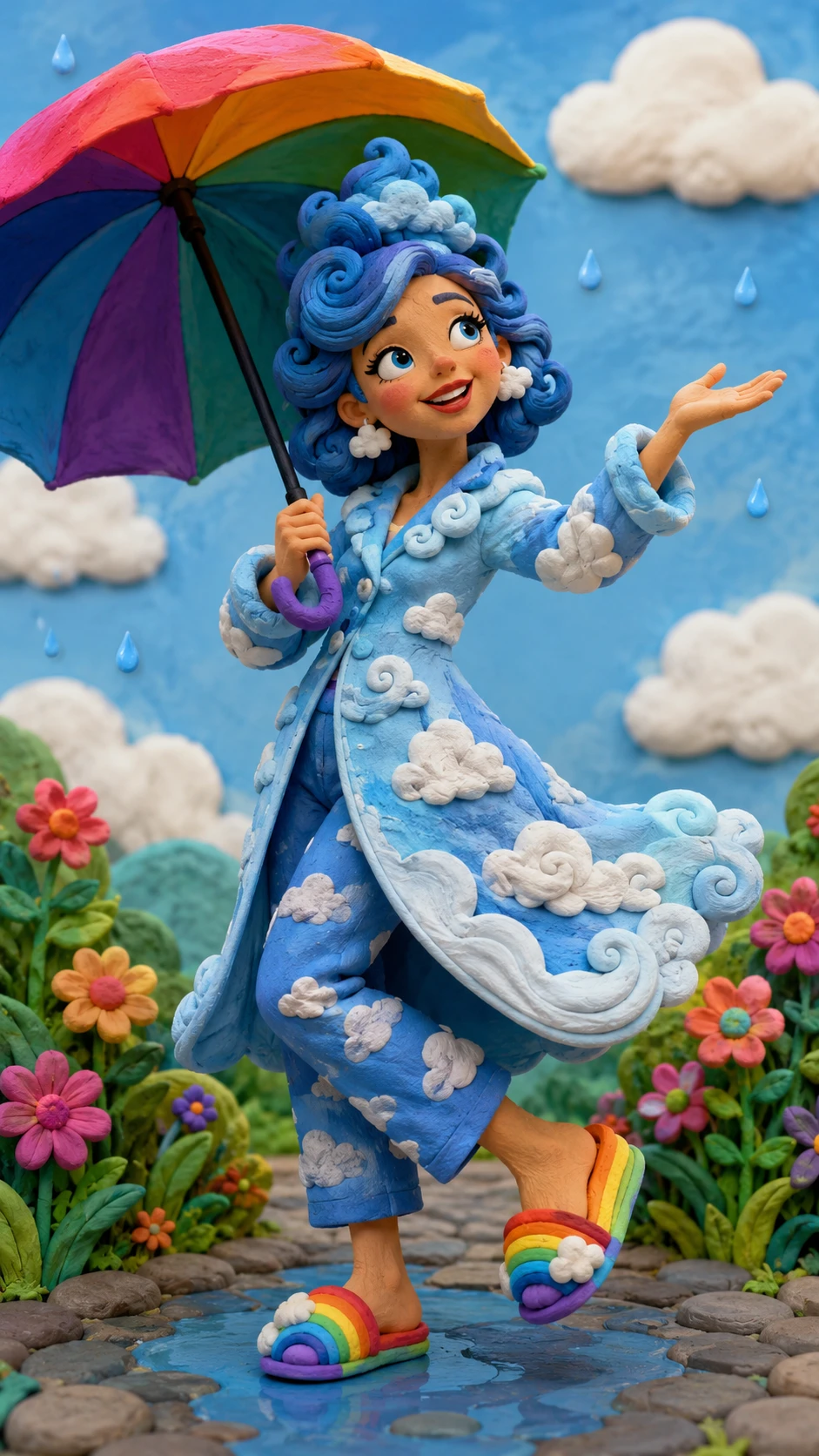Mujer en claymation con ropa inspirada en el cielo y paraguas