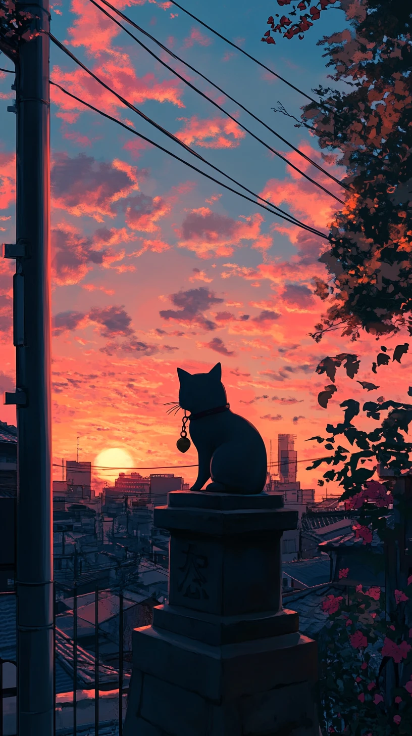 Anime cat statue with bell in a romantic city dusk