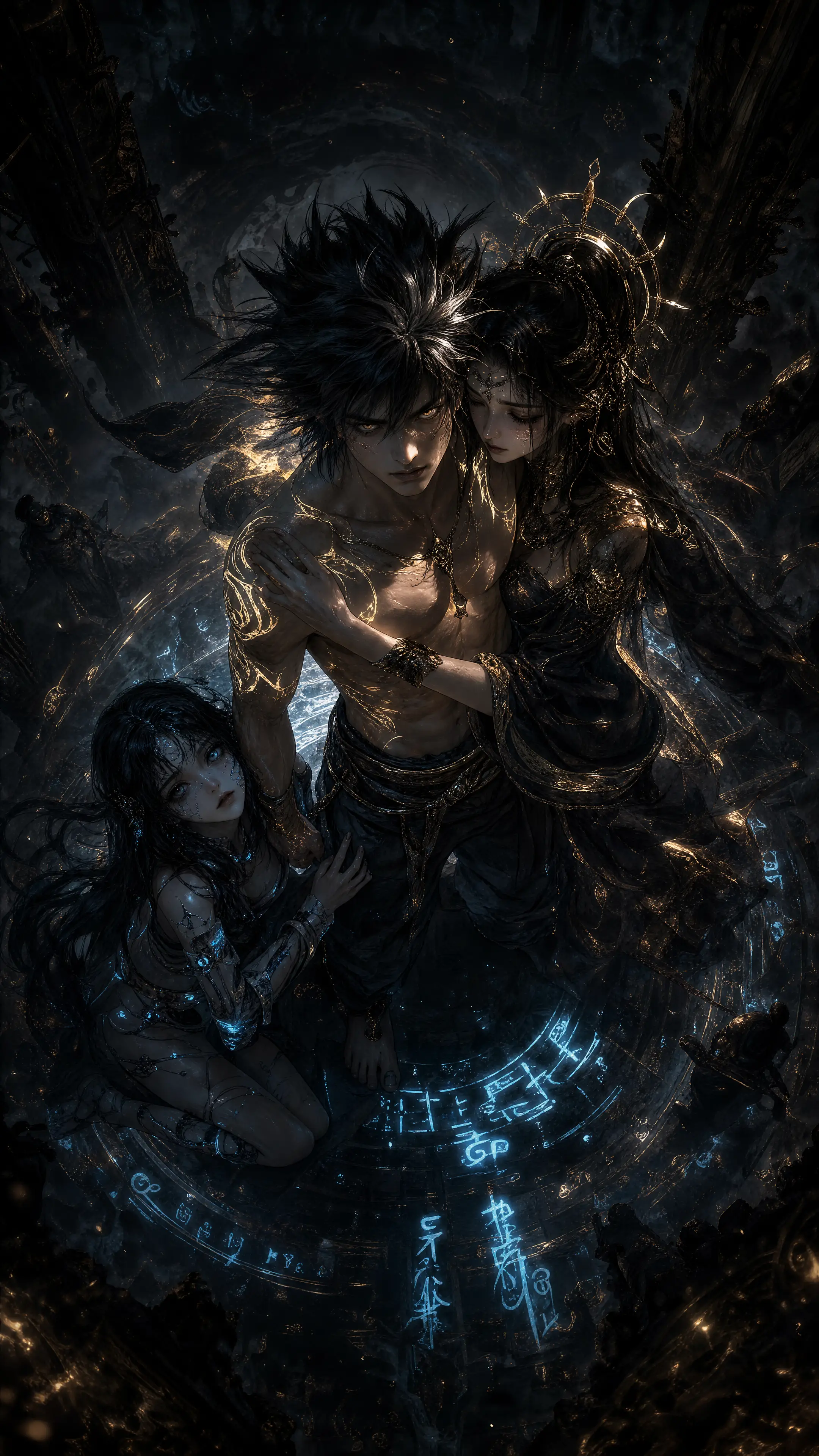Hero seen from above amid glowing runes and darkness