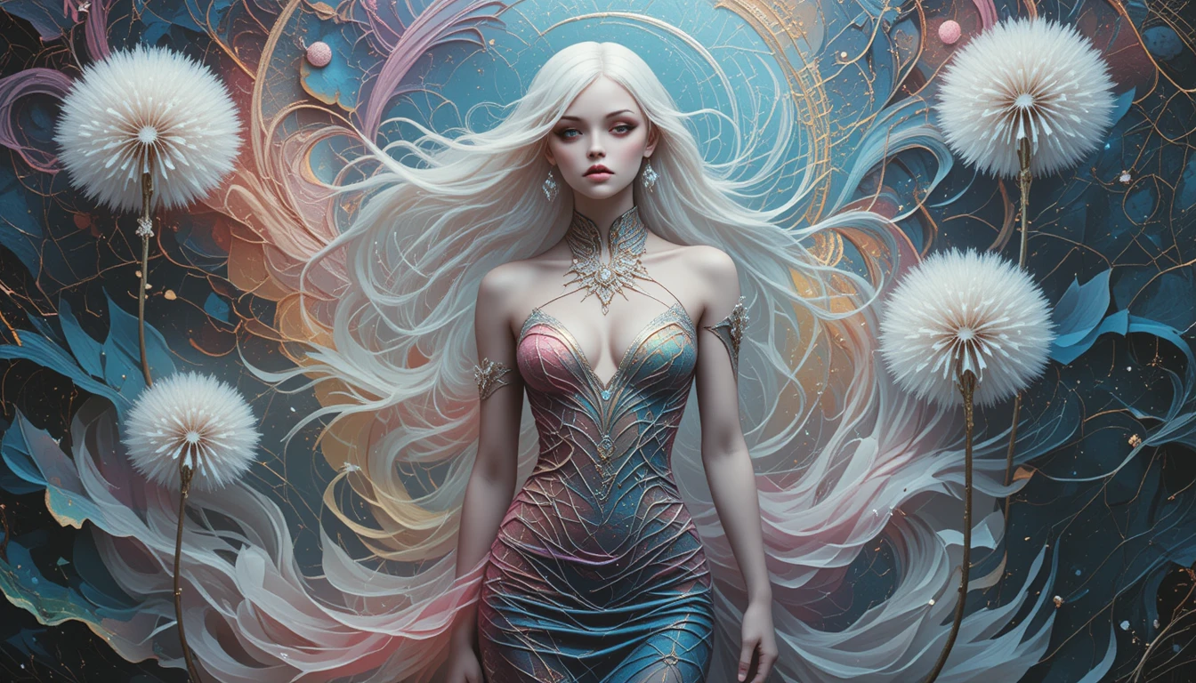 Surreal albino woman in formfitting dress with dandelion