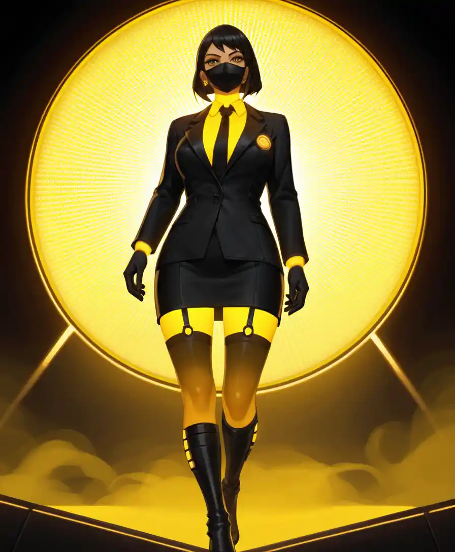 Masked agent with neon revolver in cosmic yellow void