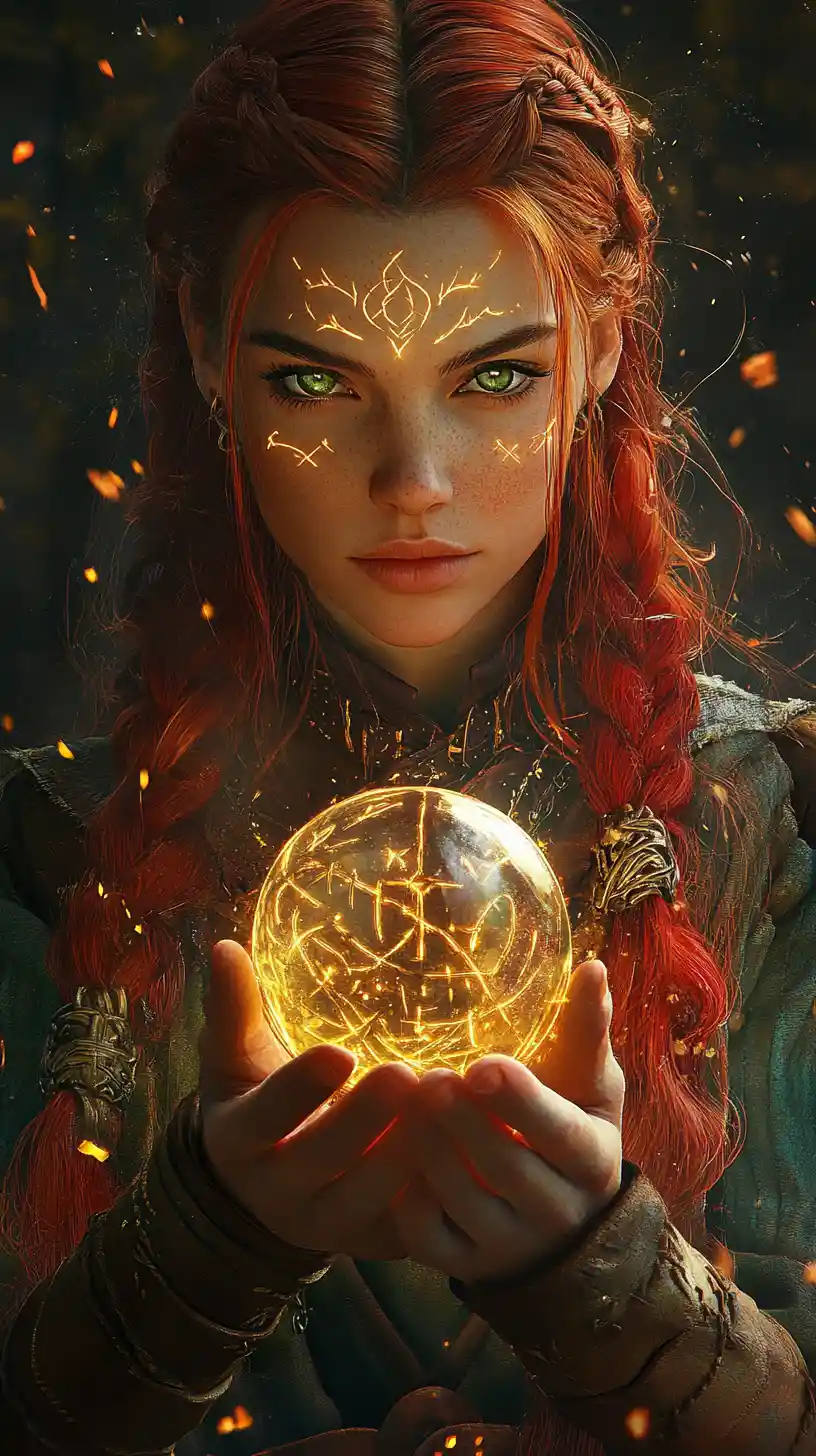 Runed sorceress holding a glowing orb in forest