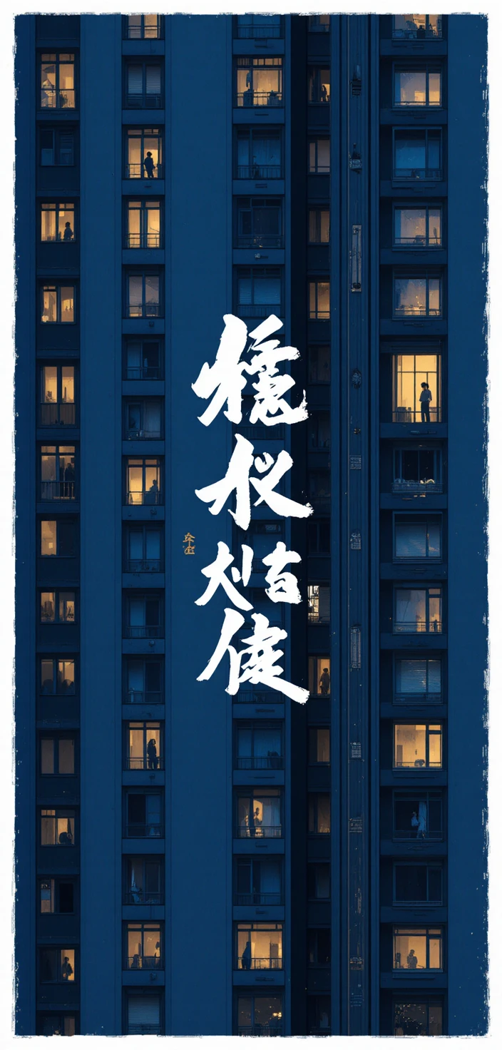 Night city apartment facade with one glowing window