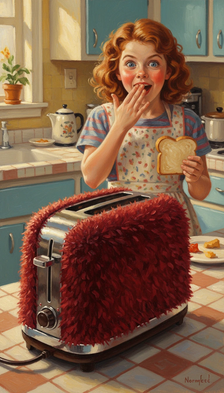 Cute girl surprised by a fuzzy vintage toaster in kitchen