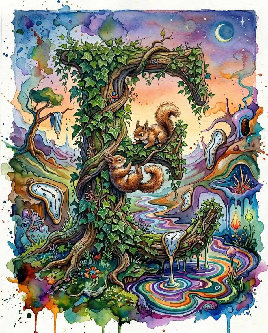 Surreal ivy letter E with fluffy squirrels entwined