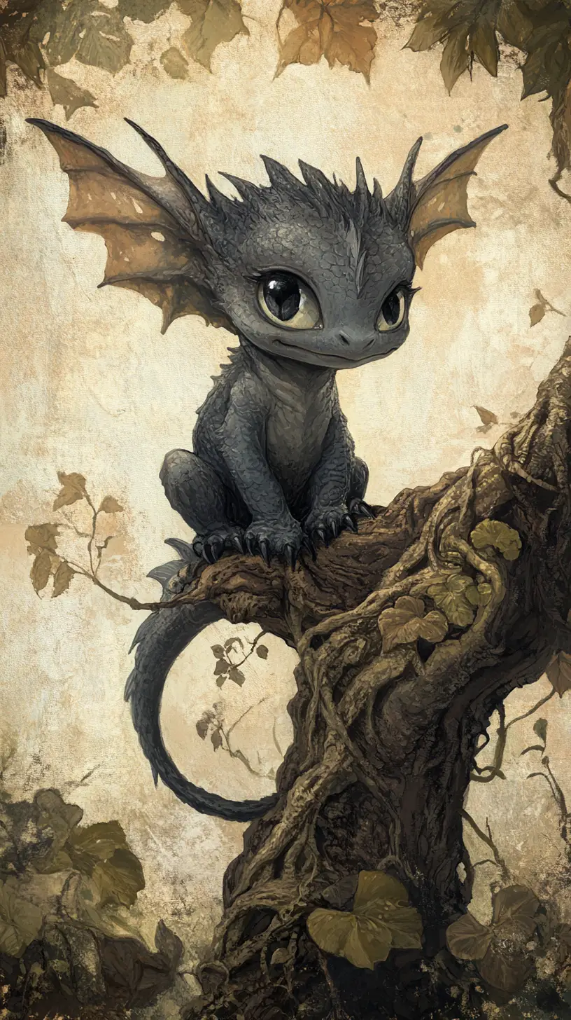 Cute gothic baby dragon on a dreamy forest root
