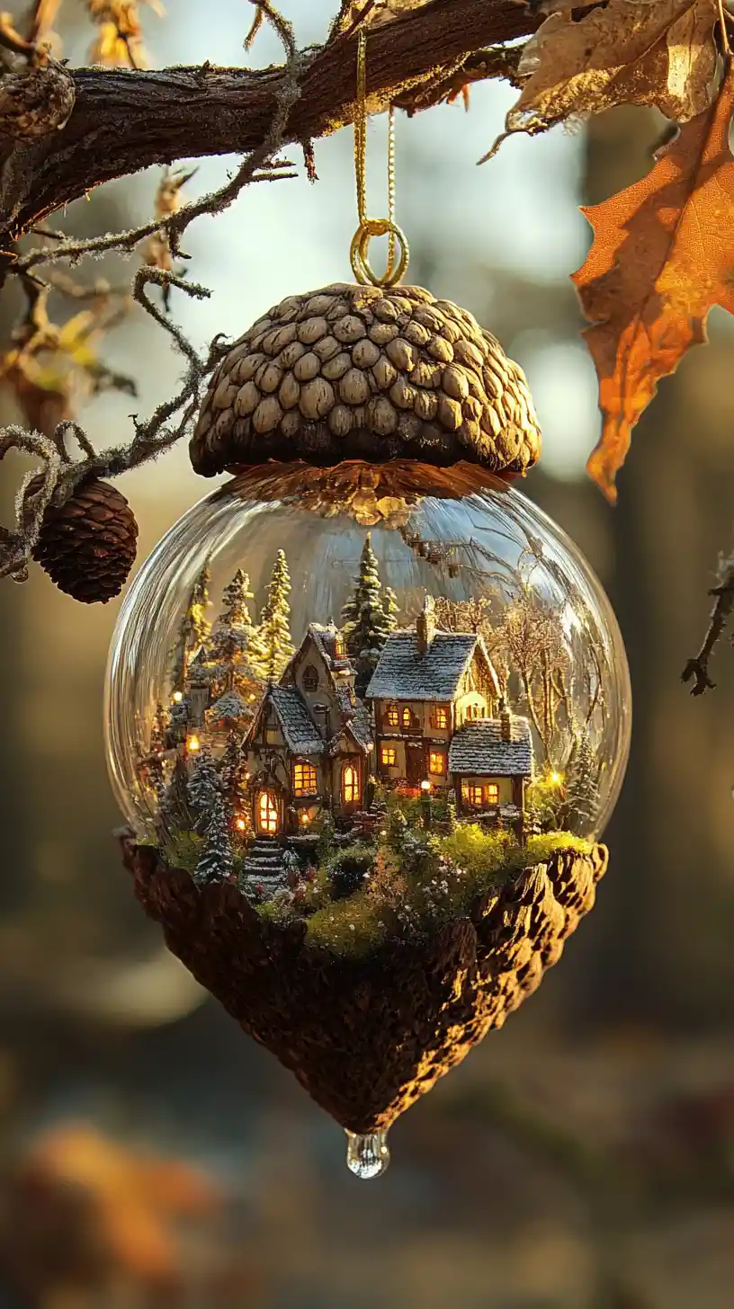Miniature village inside glowing acorn Christmas ornament