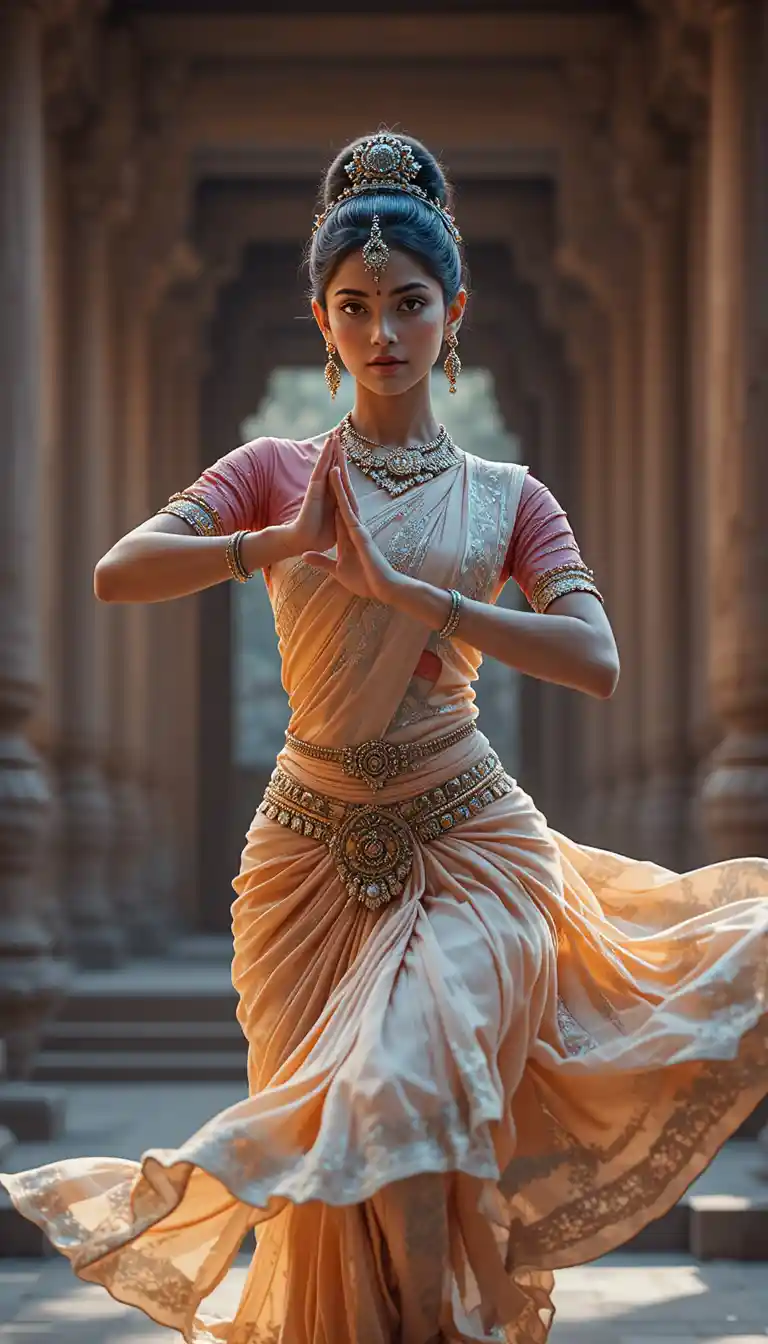 Indian classical dancer frozen mid motion in temple