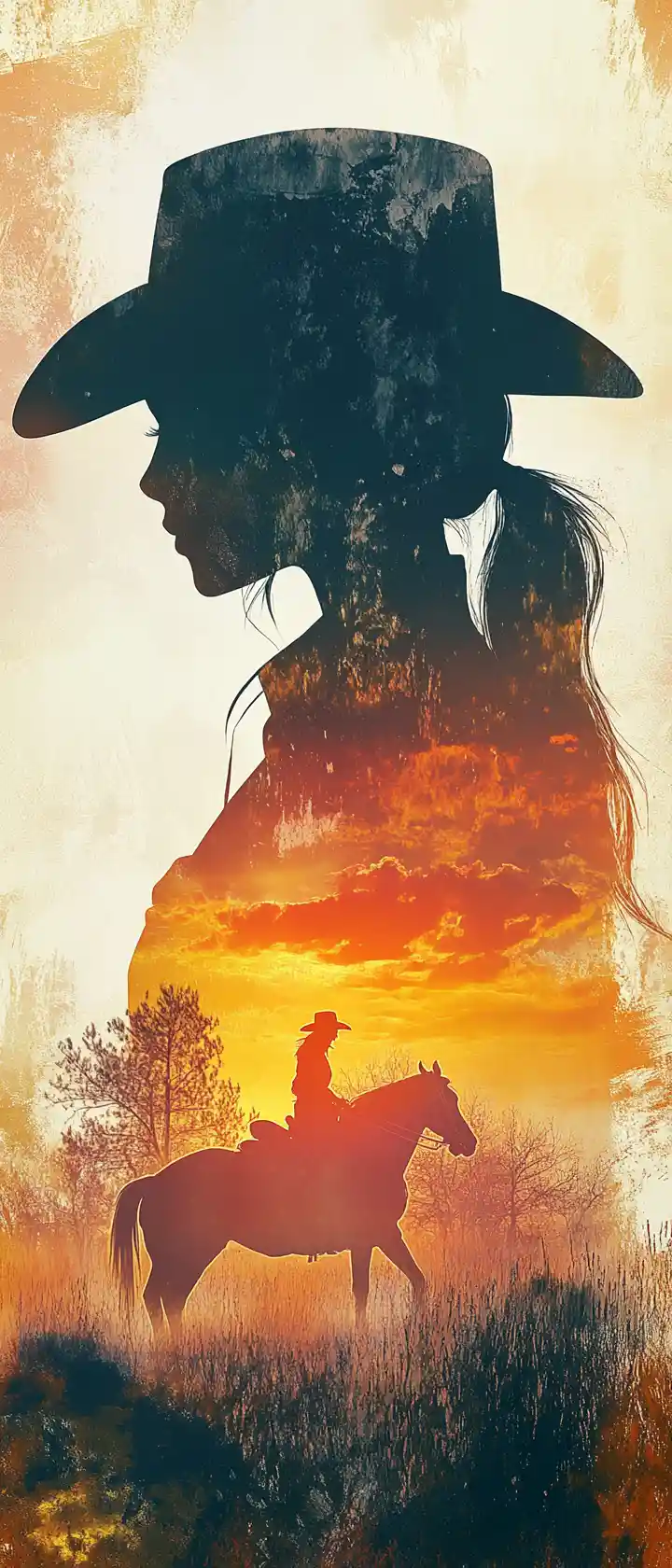 Cowgirl silhouette against a sunset landscape with horse rider