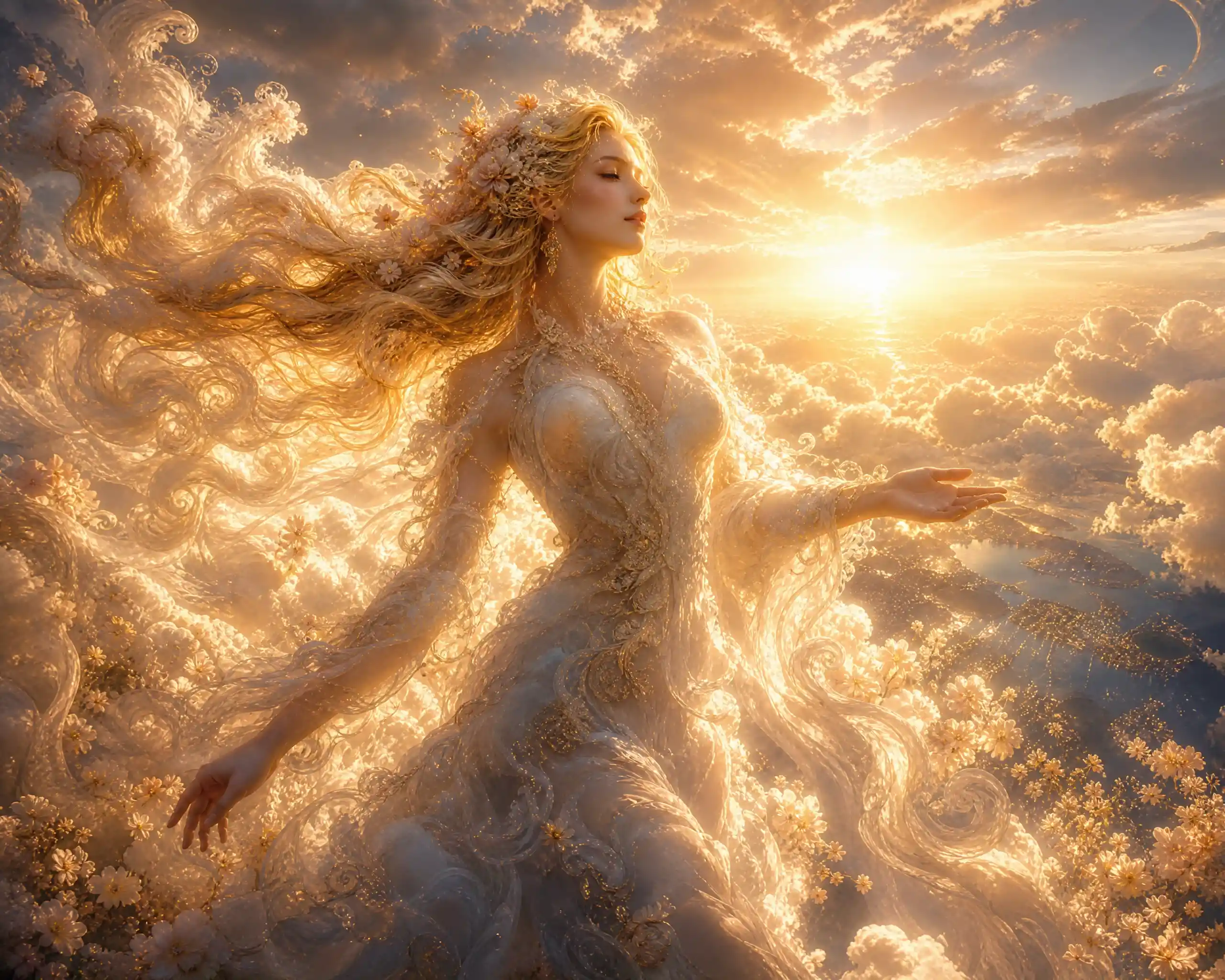 Golden haired fantasy woman floating high above the clouds