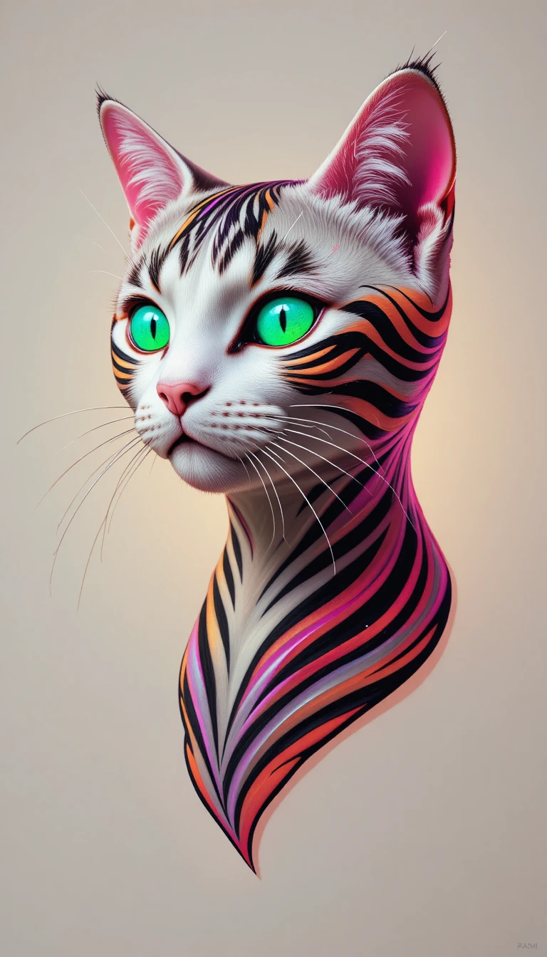 Psychedelic pop art cat head with swirling zebra stripes