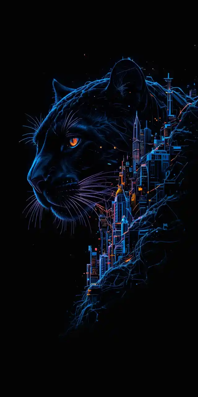 Surreal neon panther in dreamlike double exposure