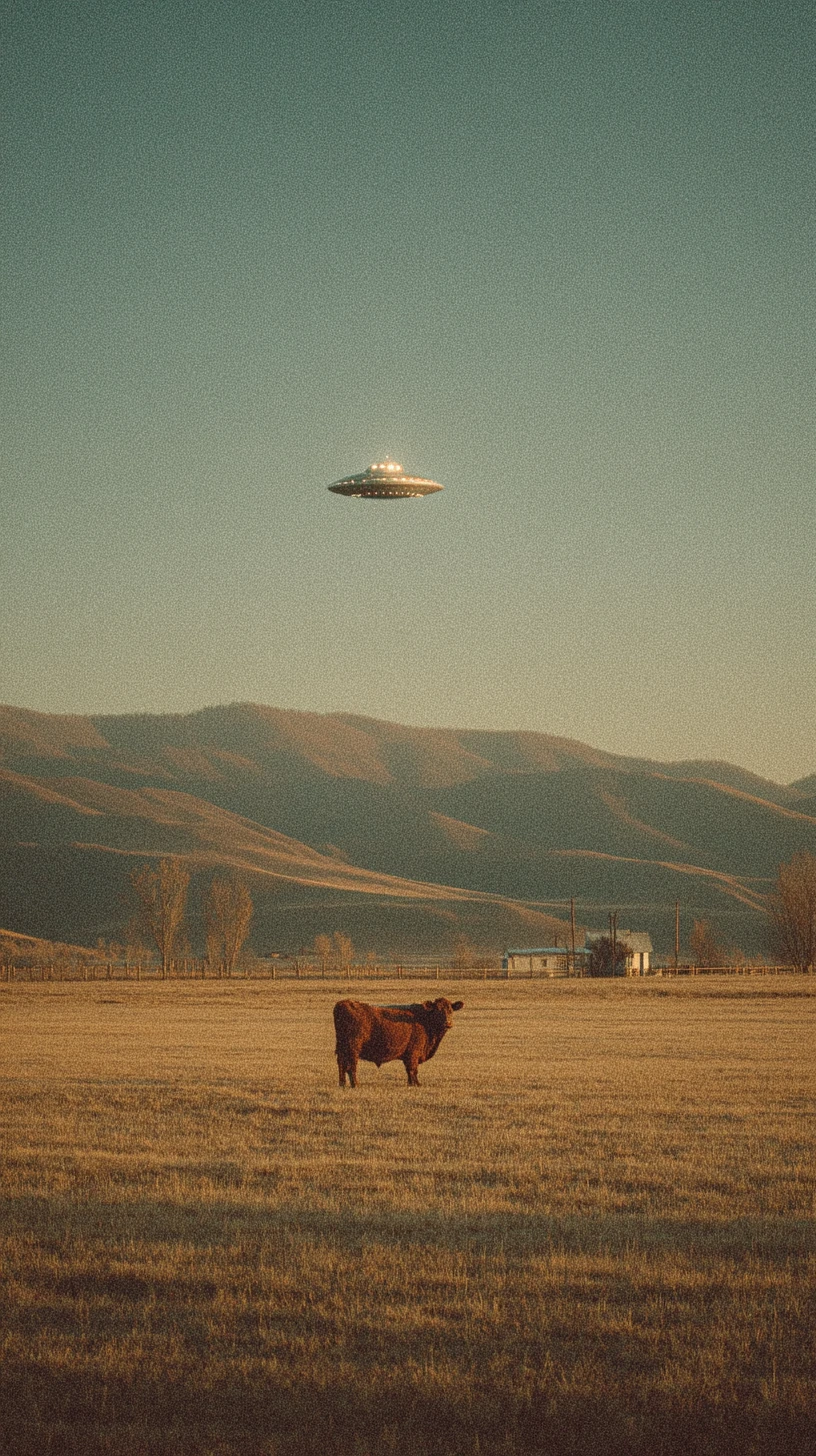 Vintage film style dusk landscape with ufo and cow