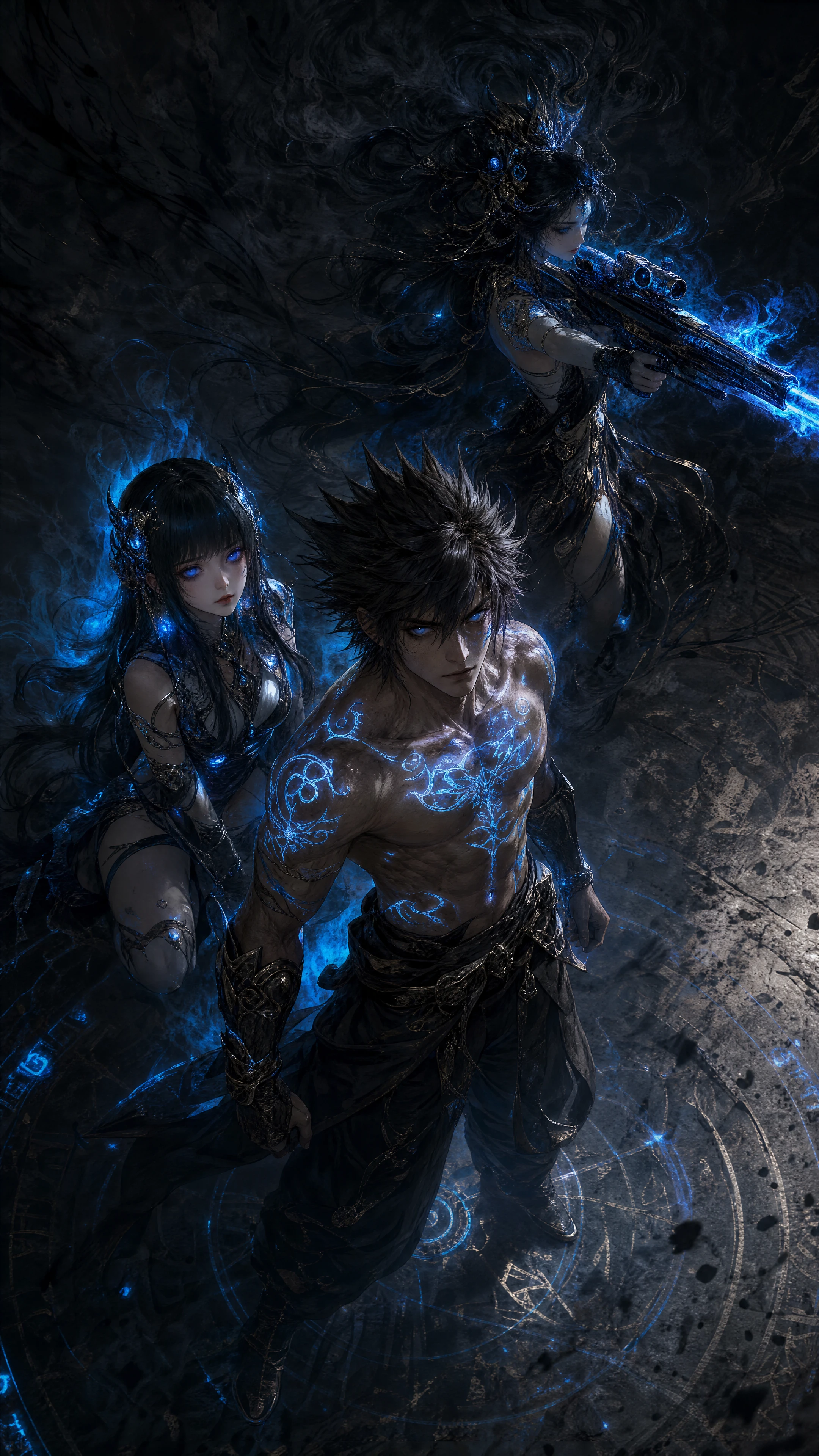 Hero with glowing runes seen from a dramatic top down angle