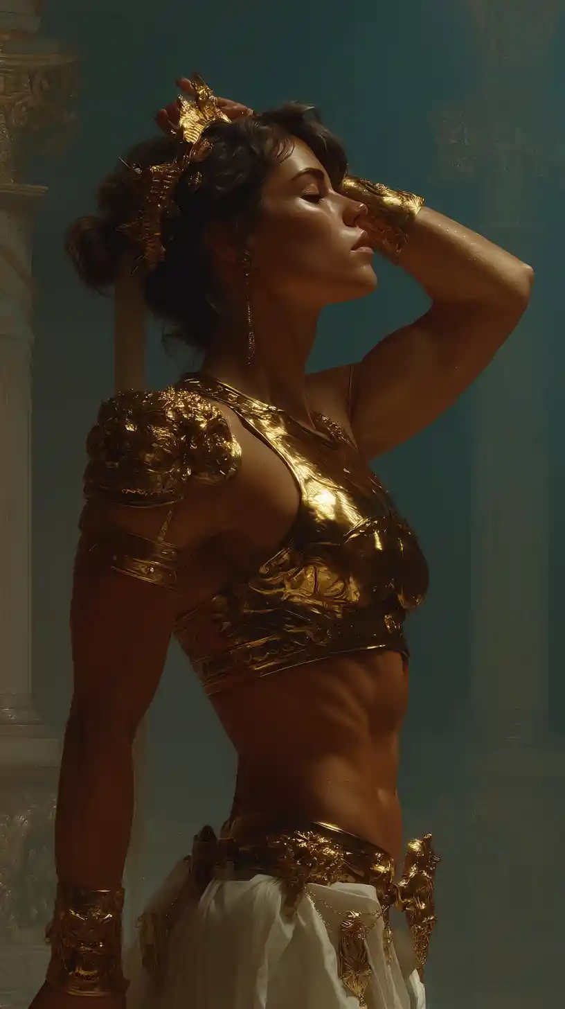 Hyper muscular warrior woman posing in a fantasy palace