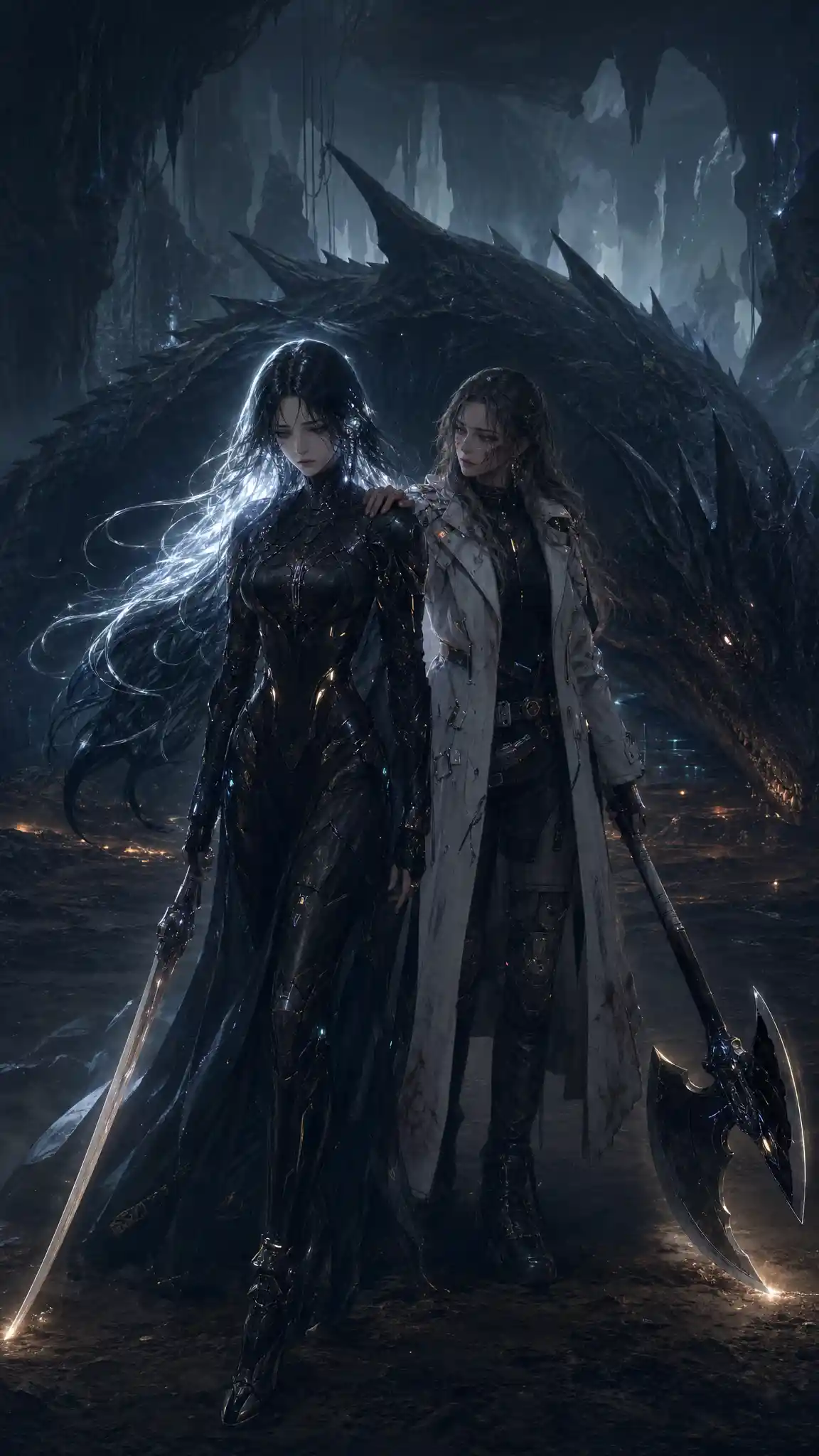Sorrowful warrior woman in black cyber armor walking forward