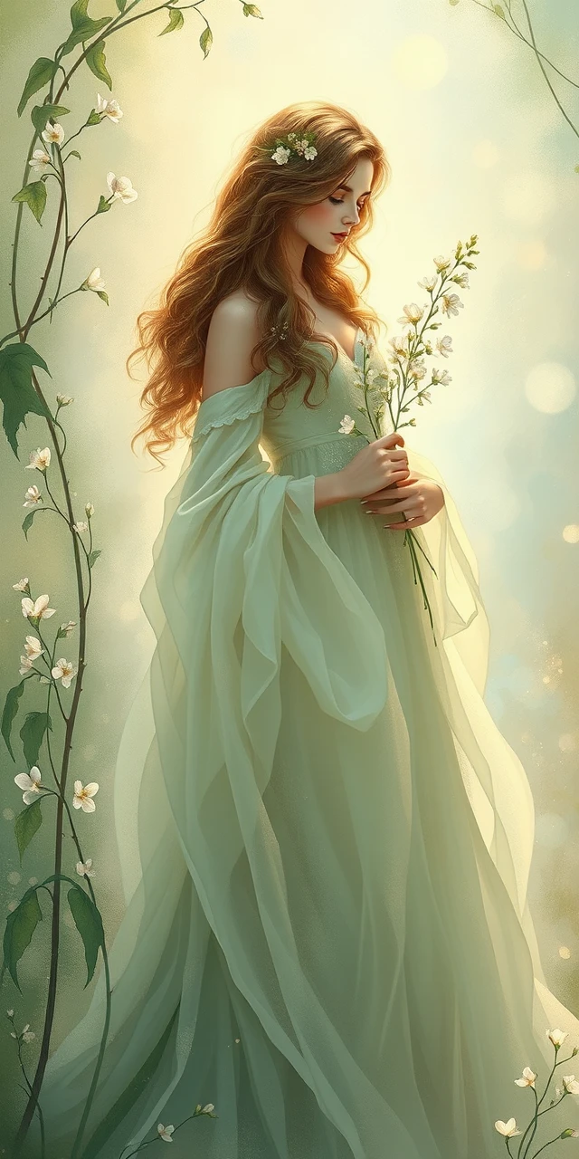 Serene woman in a floral gown bathed in soft spring light