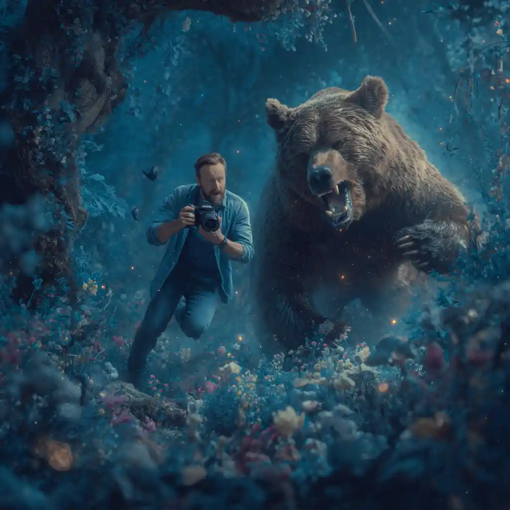 Terrified man chased by giant bear in magic forest