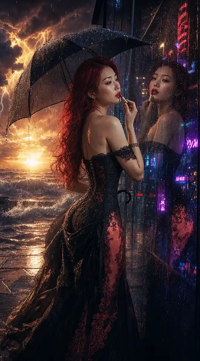Asian woman with red hair in a stormy city street