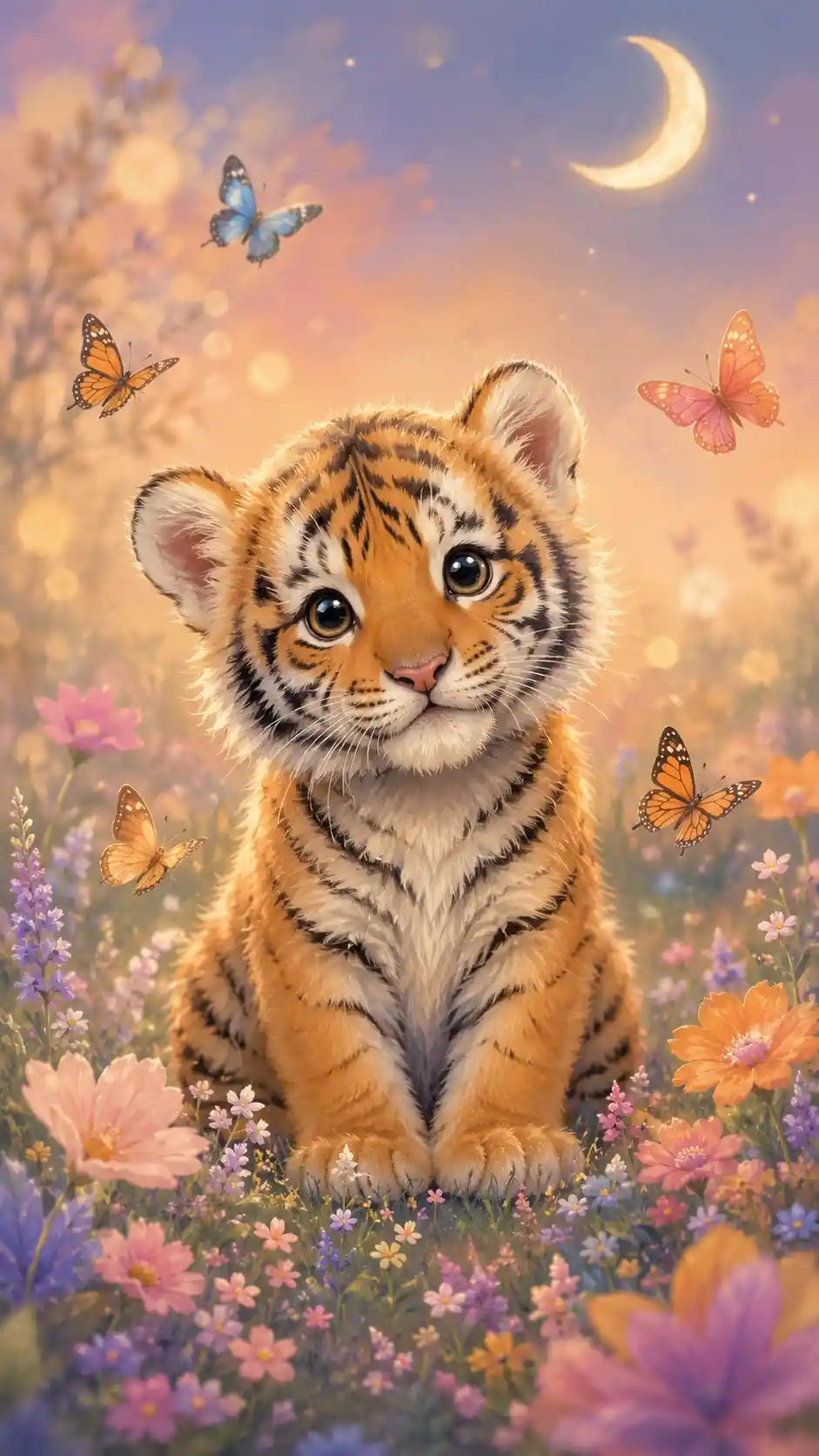 Cute striped baby cat in a dreamy flower field