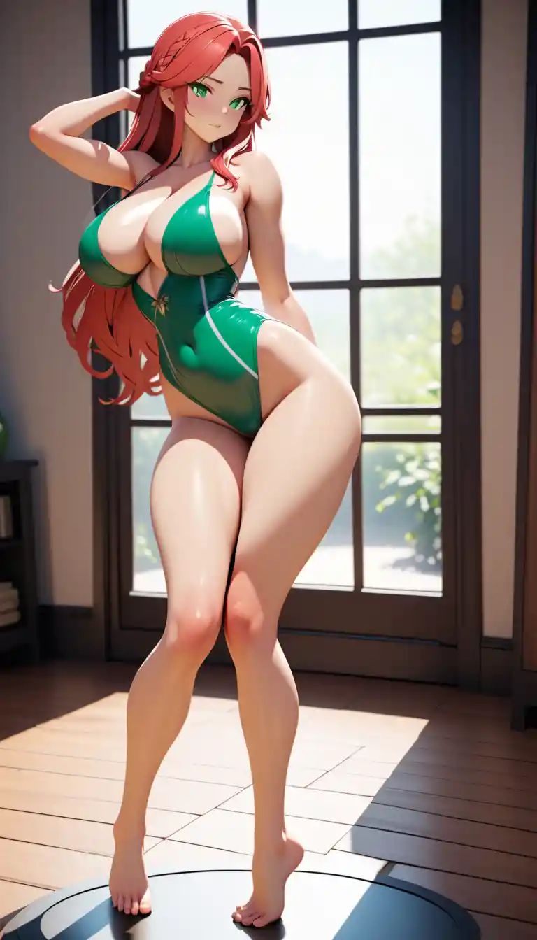 Tall red haired woman in green dress full body view