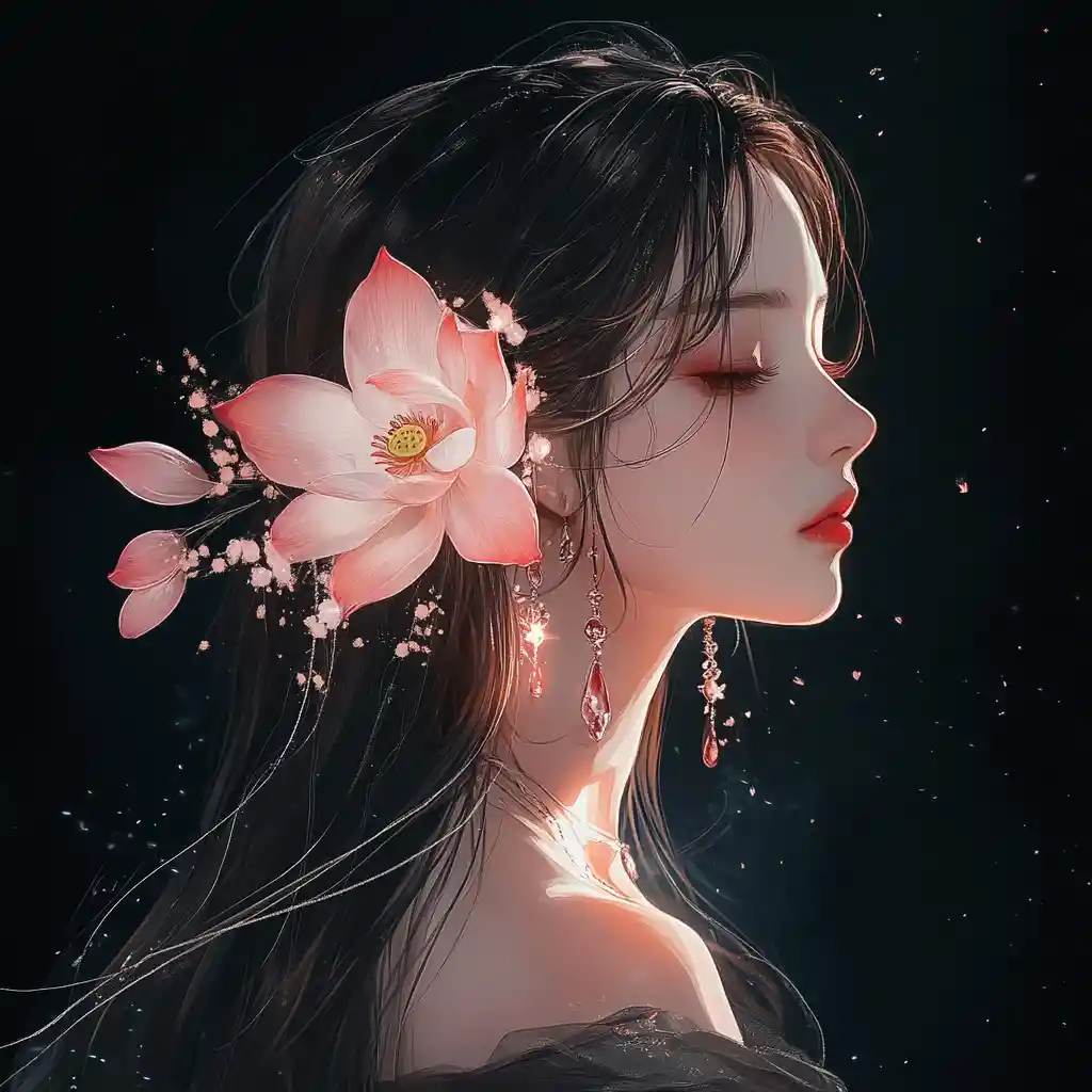 빛나는 연꽃과 함께한 몽환적인 애니메이션 여성