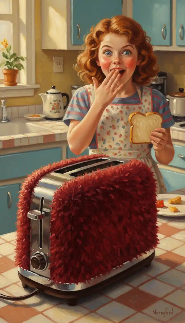 Cute girl surprised by a fuzzy vintage toaster in kitchen