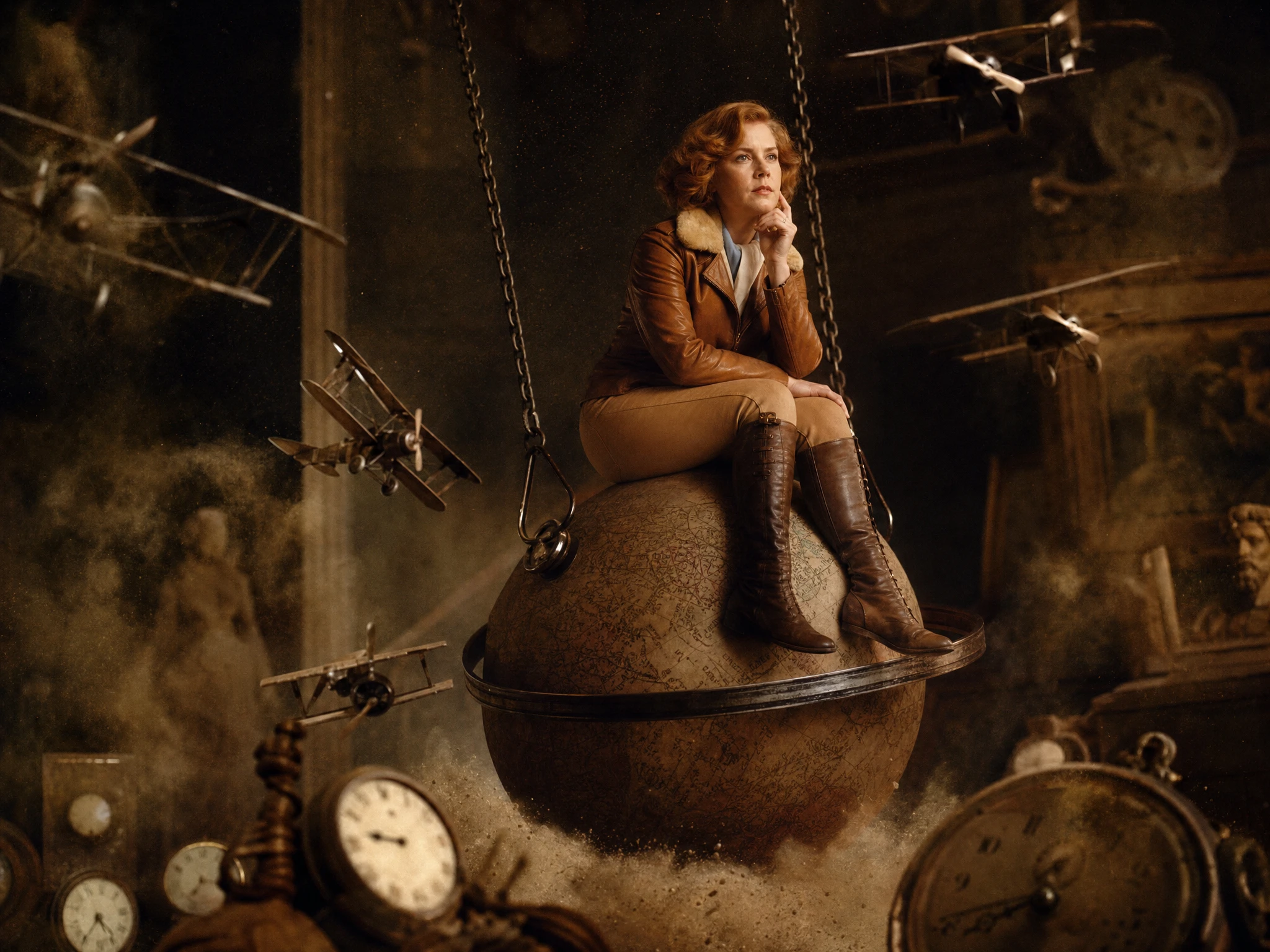 Vintage woman thinker pose seated on a globe