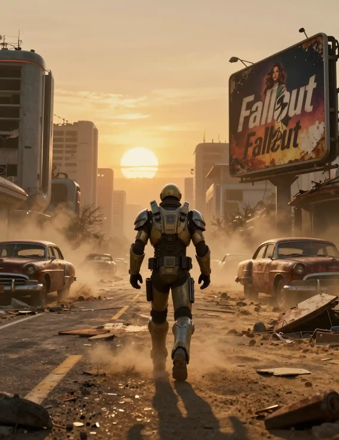 Armored wanderer on a ruined road at sunset