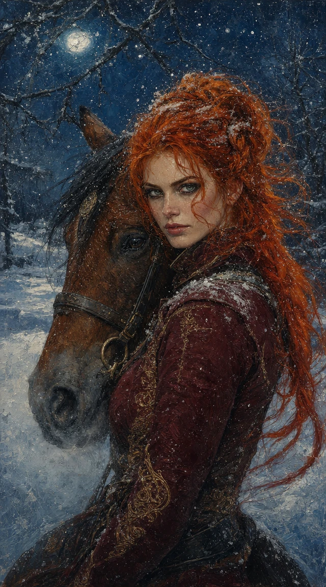 Flame haired woman in a moonlit winter forest clearing