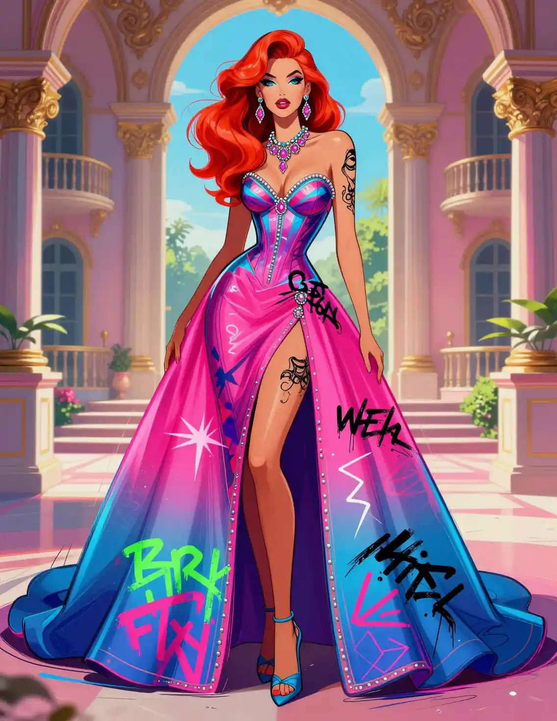 Glamorous redhead in neon couture prom dress illustration