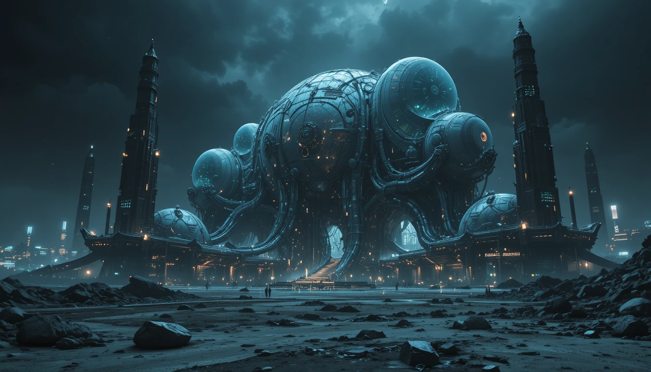 Biomechanical lunar base with surreal sci fi architecture