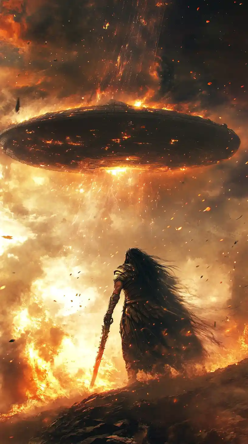Hephaestus forging a glowing iron ufo in an ancient forge