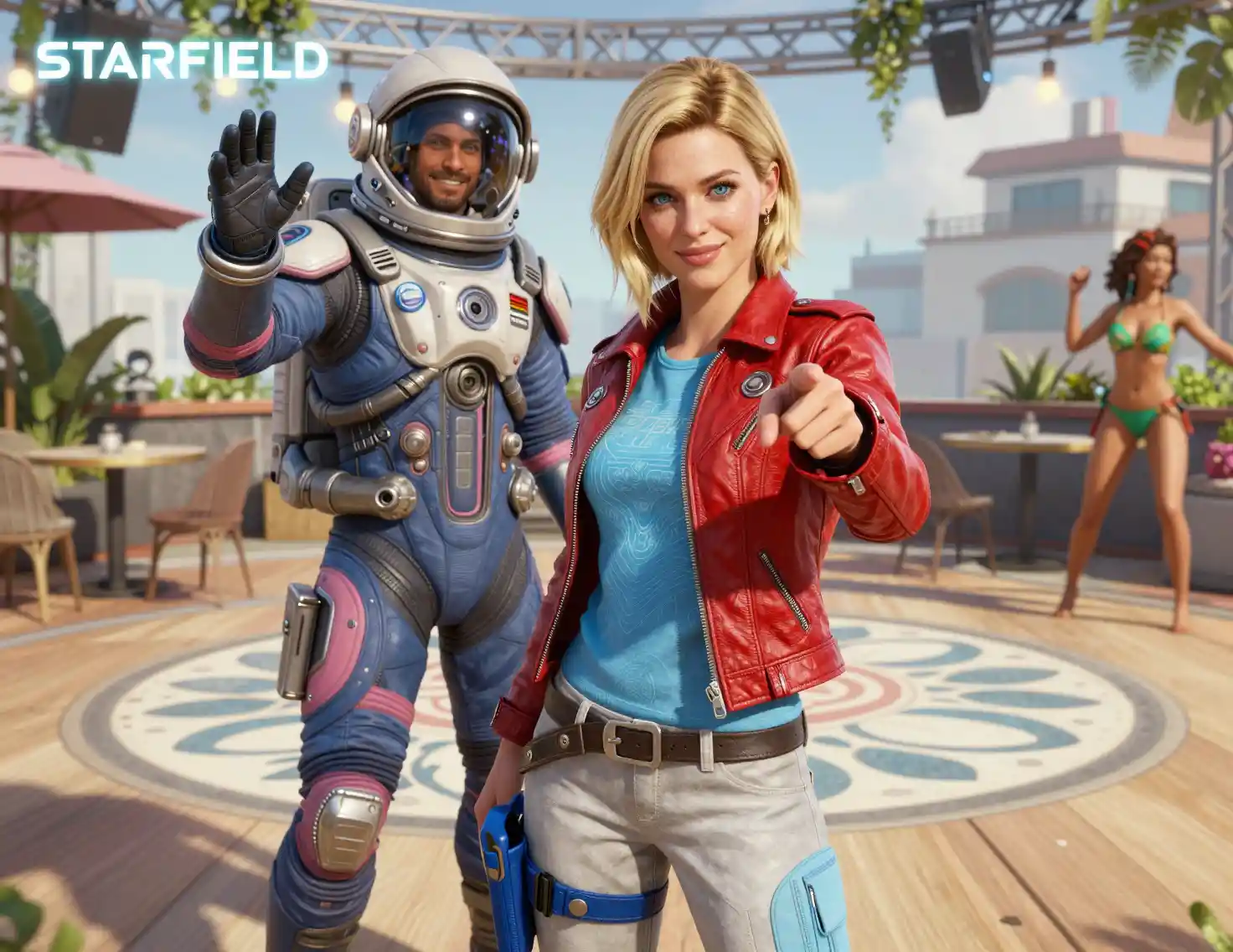 Smiling Astronaut Woman Pointing on Sunny Rooftop Terrace