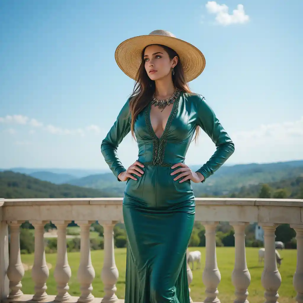 Elegant woman on balcony in green leather dress