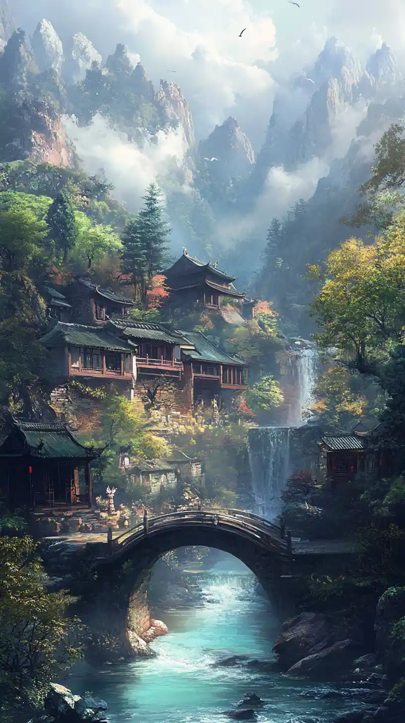 Tranquil Chinese mountain village by a turquoise river