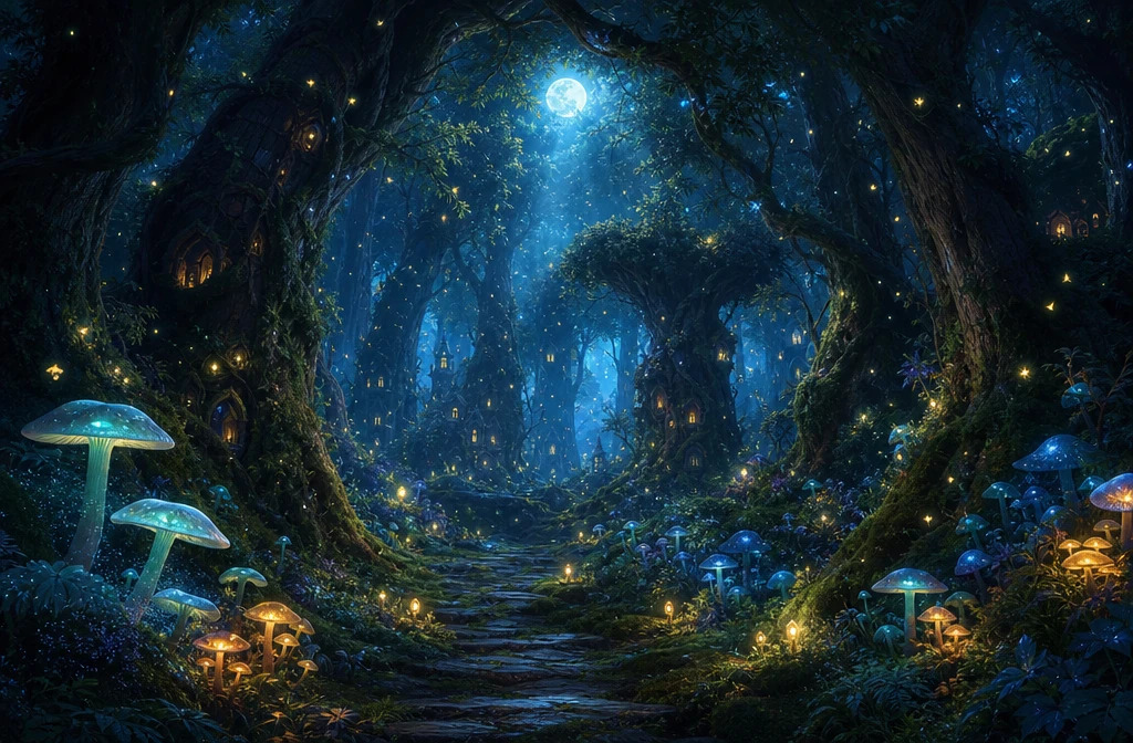 Moonlit fantasy forest with glowing mushrooms and fireflies