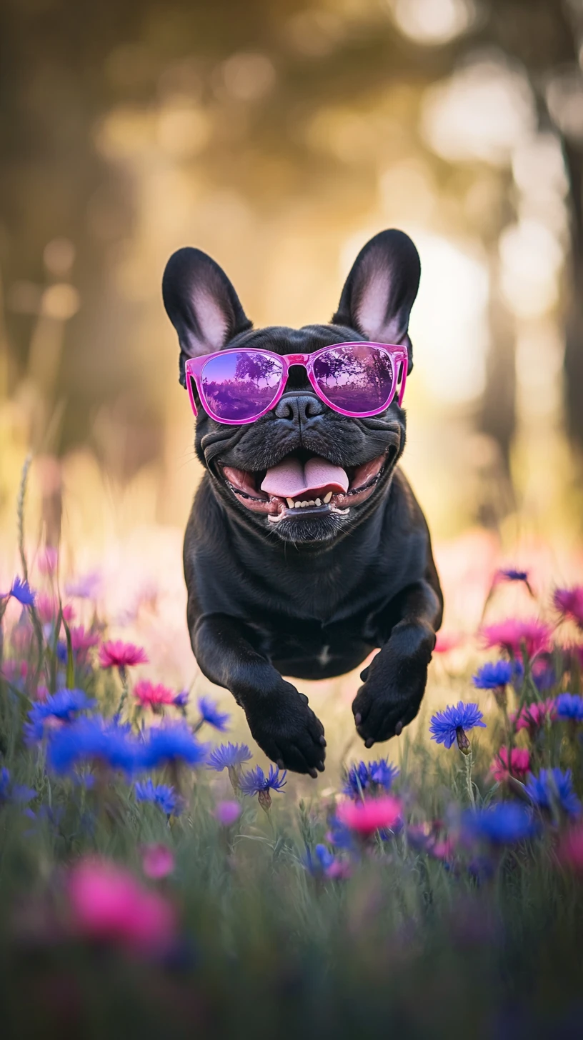 French bulldog running through a cornflower field in soft focus