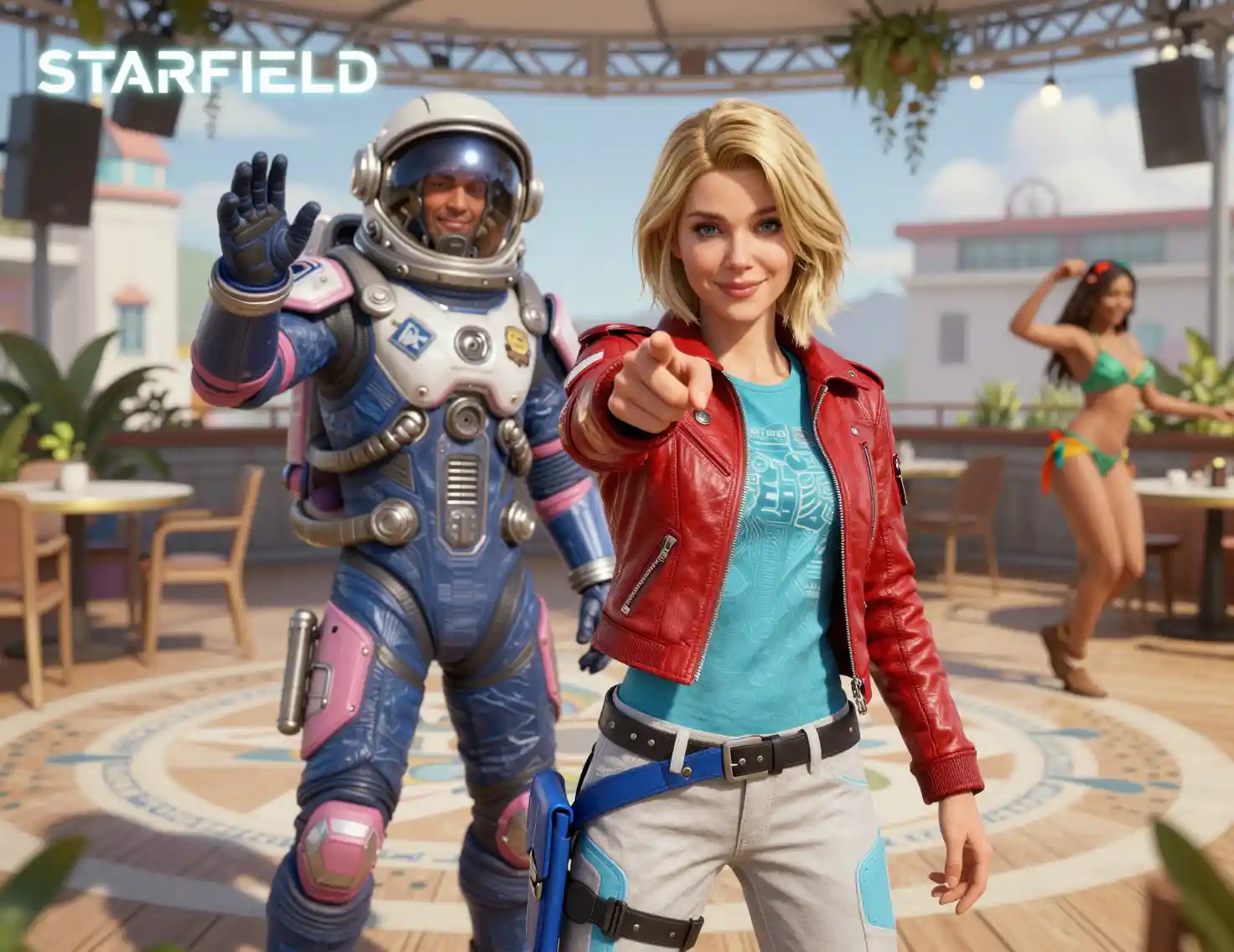 Smiling sci fi woman pointing on a sunny rooftop