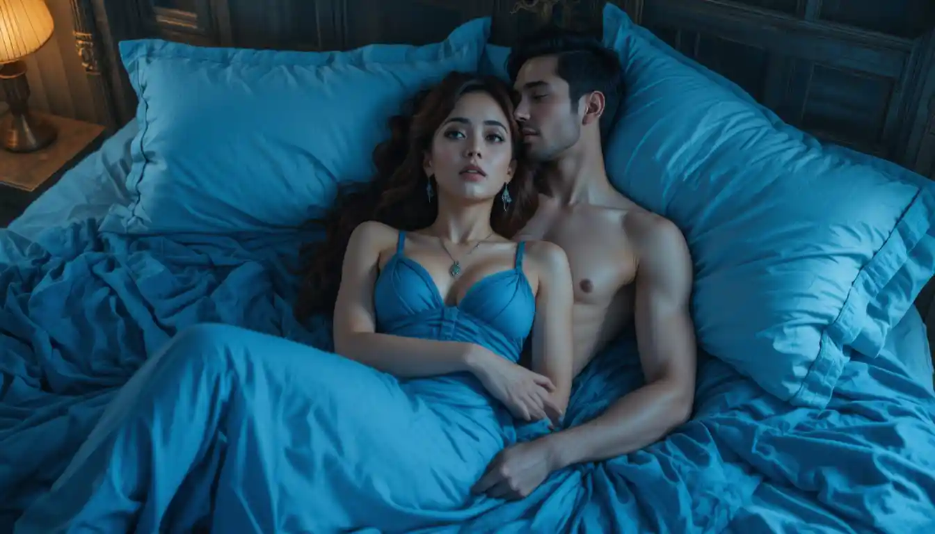 Romantic couple embracing on a bed in soft light