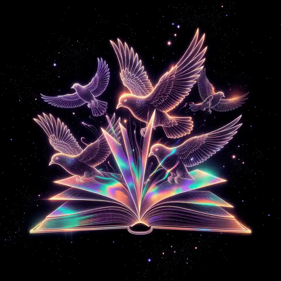 Neon book transforming into glowing birds in cosmic space