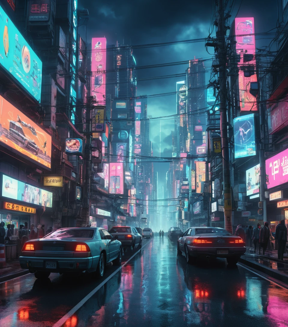 Close up of neon lit cyberpunk city street at night