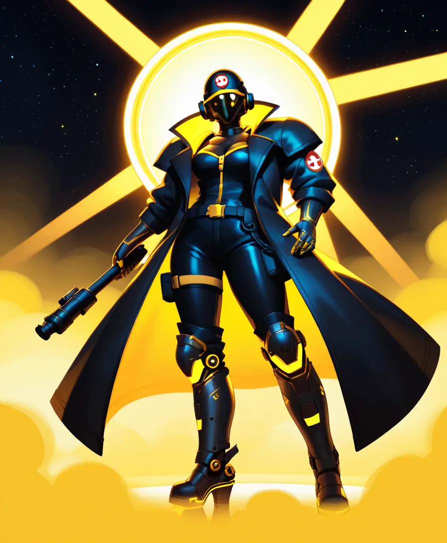 Cybernetic sci fi medic in black armored trench coat