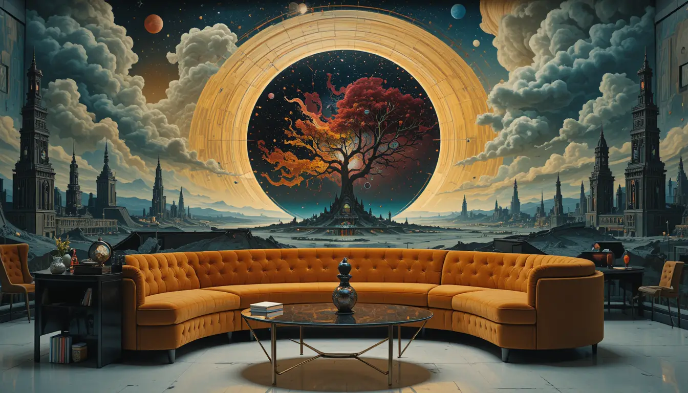 Surreales Wohnzimmer mit Samtsofa und kosmischem Gemälde