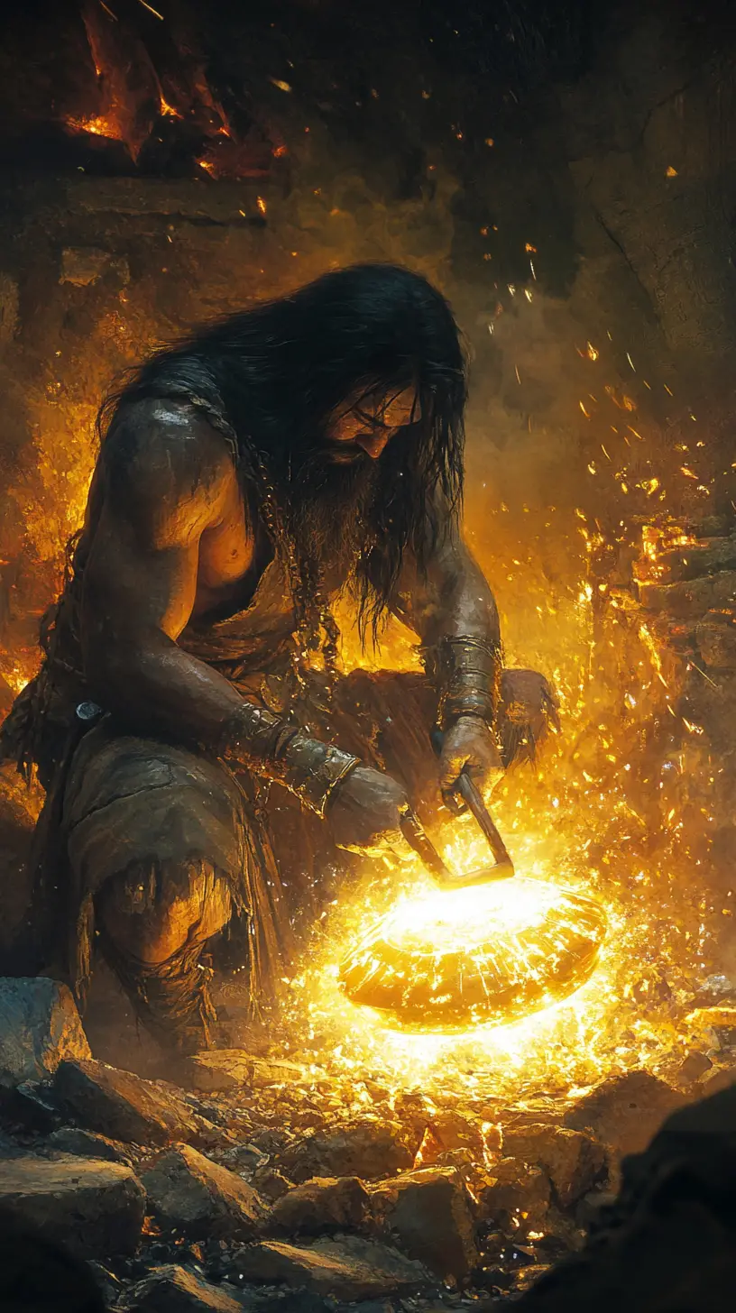 Mythic blacksmith forging a glowing iron ufo in a forge