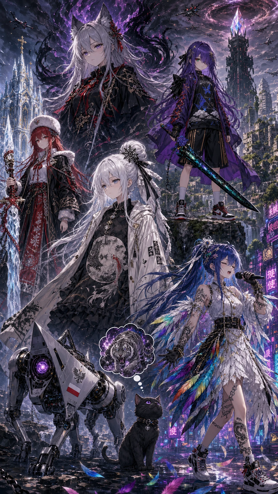Anime girl with futuristic robot on a war torn battlefield
