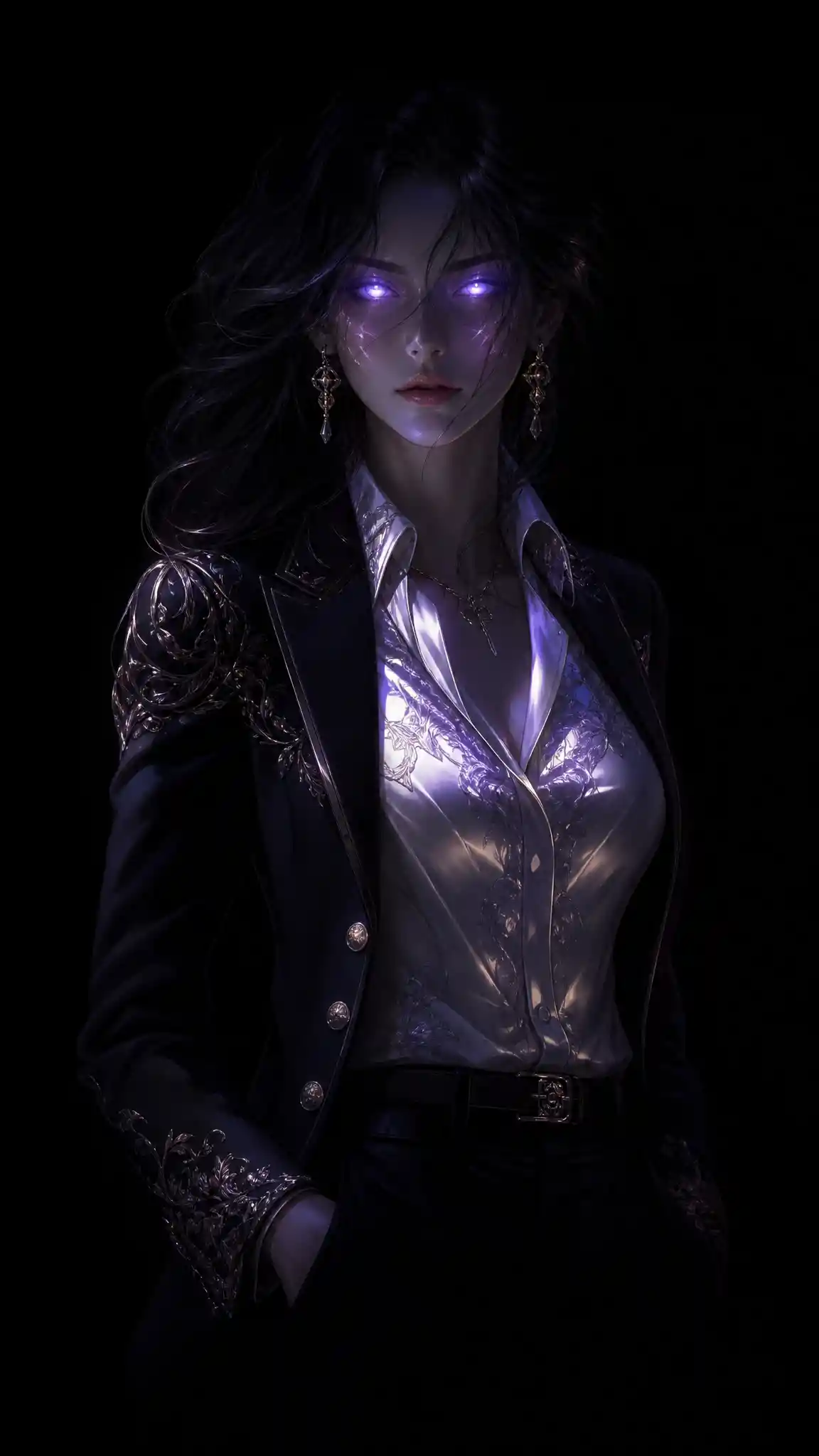 Graceful woman in patterned business shirt glowing in darkness
