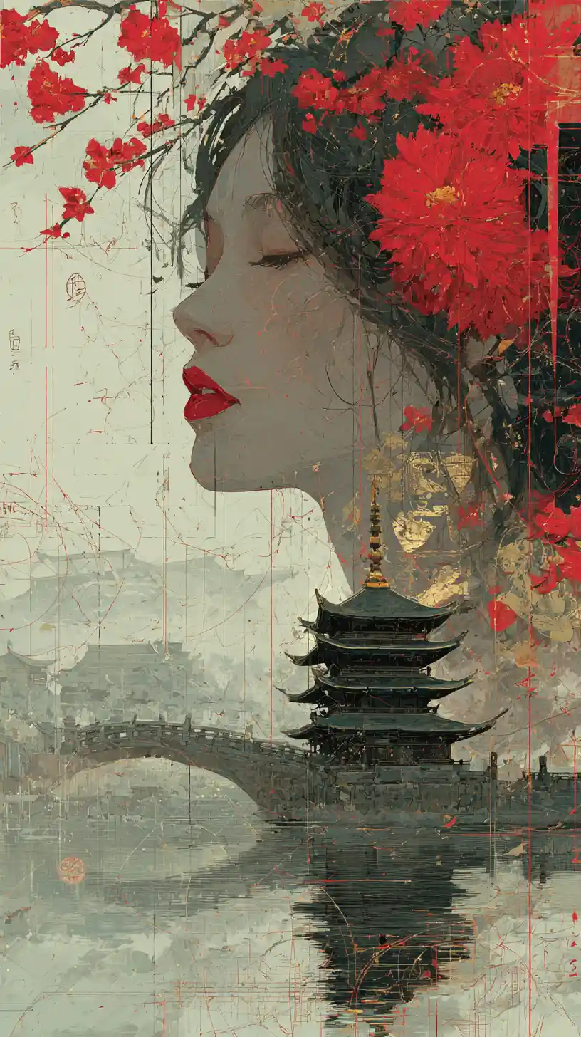 Elegant female profile fused with red flowers and lines