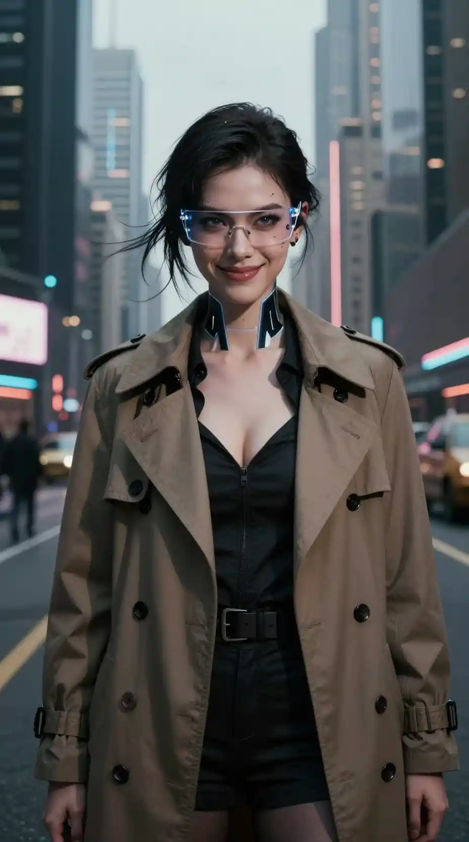 Young female detective in a bright futuristic city street